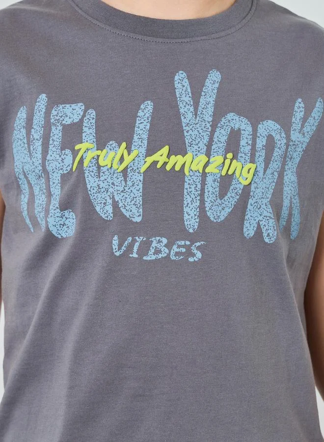 Styli Boys Grey Graphic Sleeveless T-Shirt and Shorts Set